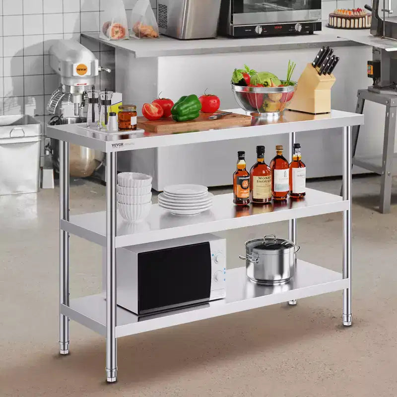 VEVOR Tavolo da Lavoro in Acciaio Inossidabile, 45,7 x 121,9 x 86,4 cm, per Cucina Commerciale, con 2 Ripiani Inferiori Regolabili, Tavolo da Lavoro Resistente