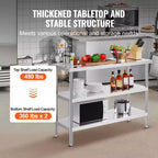 VEVOR Tavolo da Lavoro in Acciaio Inossidabile, 45,7 x 121,9 x 86,4 cm, per Cucina Commerciale, con 2 Ripiani Inferiori Regolabili, Tavolo da Lavoro Resistente