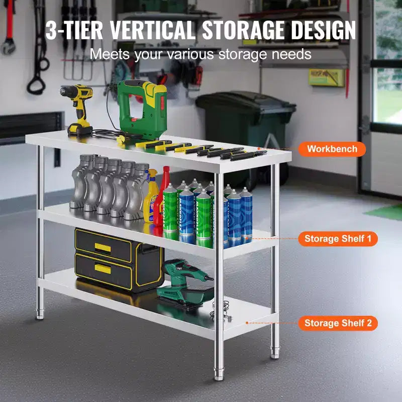 VEVOR Tavolo da Lavoro in Acciaio Inossidabile, 45,7 x 121,9 x 86,4 cm, per Cucina Commerciale, con 2 Ripiani Inferiori Regolabili, Tavolo da Lavoro Resistente