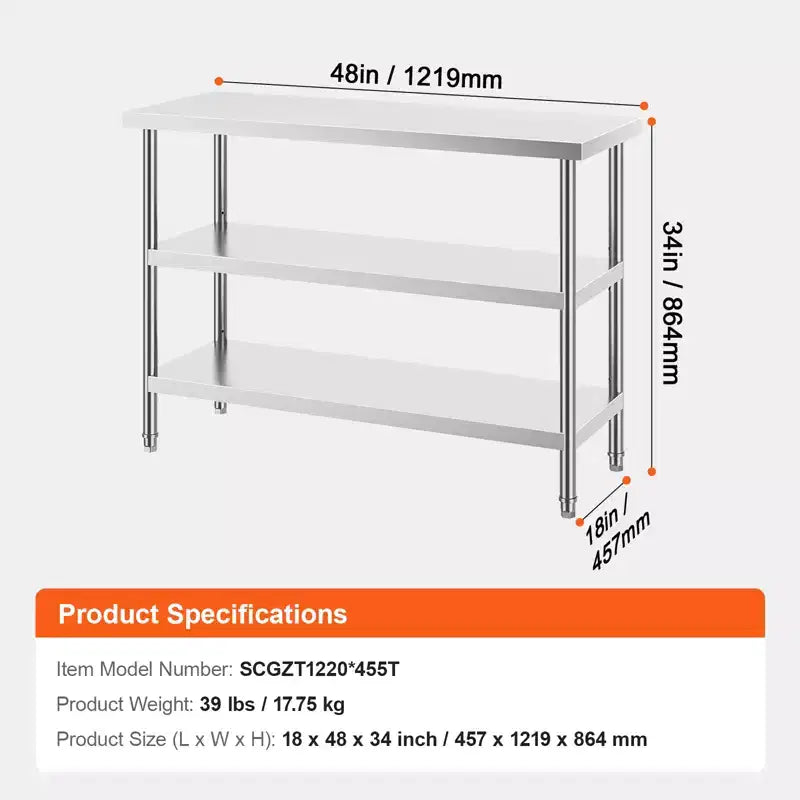 VEVOR Tavolo da Lavoro in Acciaio Inossidabile, 45,7 x 121,9 x 86,4 cm, per Cucina Commerciale, con 2 Ripiani Inferiori Regolabili, Tavolo da Lavoro Resistente