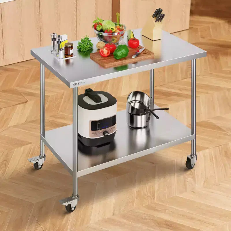 VEVOR Tavolo da Lavoro in Acciaio Inox, 76 x 122 x 96,5 cm, con 4 Ruote, 3 Livelli di Altezza Regolabili, Tavolo da Lavoro Resistente per la Preparazione di Alimenti, Argento