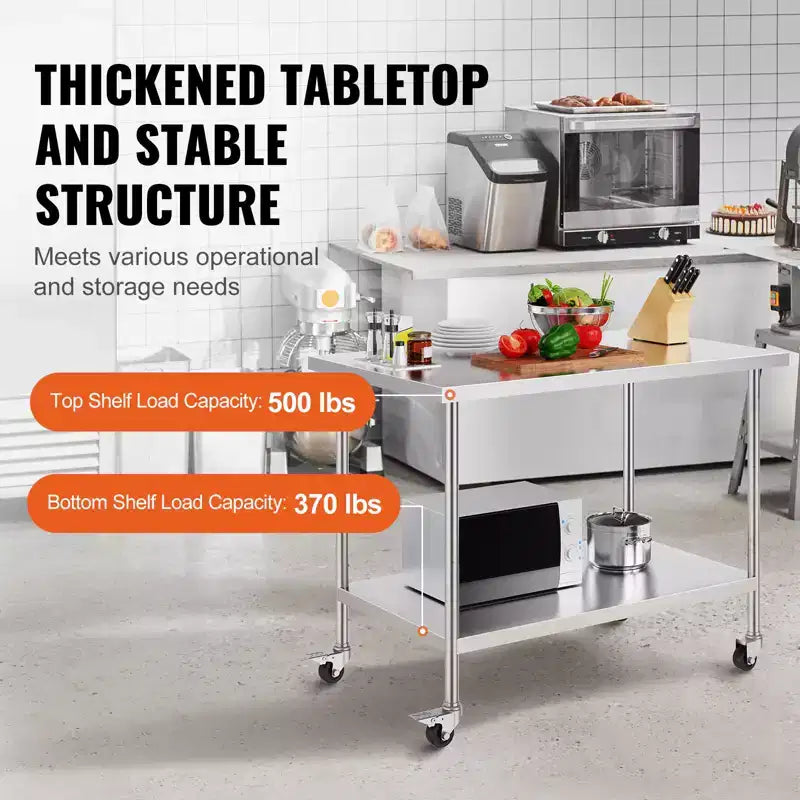 VEVOR Tavolo da Lavoro in Acciaio Inox, 76 x 122 x 96,5 cm, con 4 Ruote, 3 Livelli di Altezza Regolabili, Tavolo da Lavoro Resistente per la Preparazione di Alimenti, Argento
