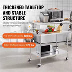 VEVOR Tavolo da Lavoro in Acciaio Inox, 76 x 122 x 96,5 cm, con 4 Ruote, 3 Livelli di Altezza Regolabili, Tavolo da Lavoro Resistente per la Preparazione di Alimenti, Argento