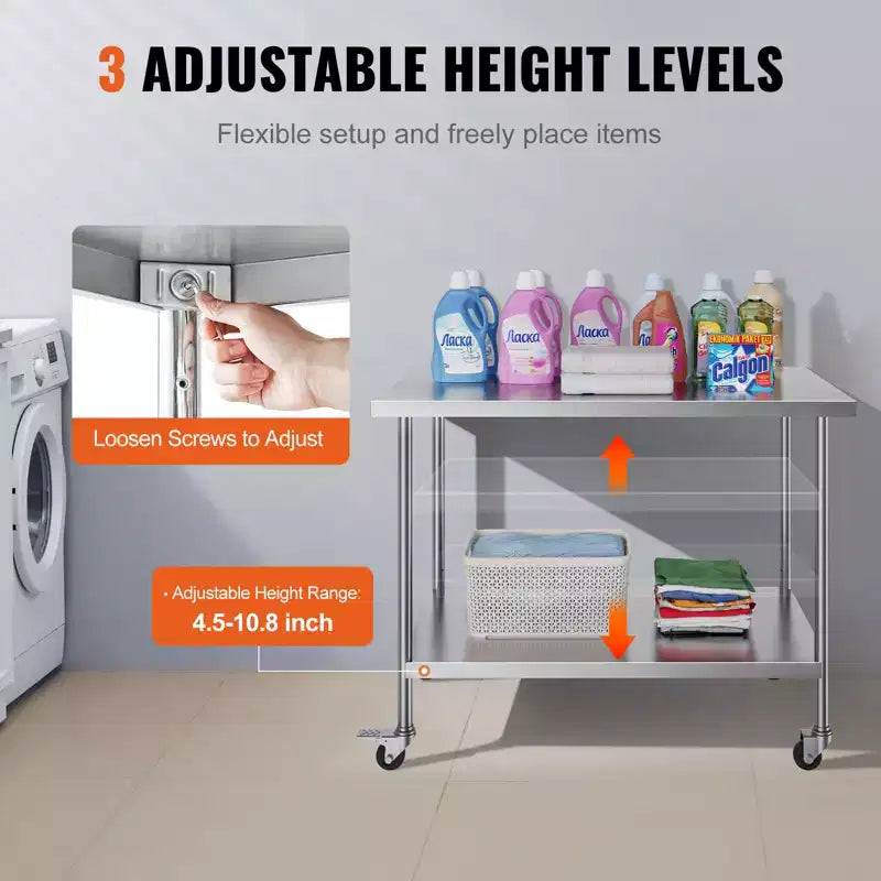 VEVOR Tavolo da Lavoro in Acciaio Inox, 76 x 122 x 96,5 cm, con 4 Ruote, 3 Livelli di Altezza Regolabili, Tavolo da Lavoro Resistente per la Preparazione di Alimenti, Argento
