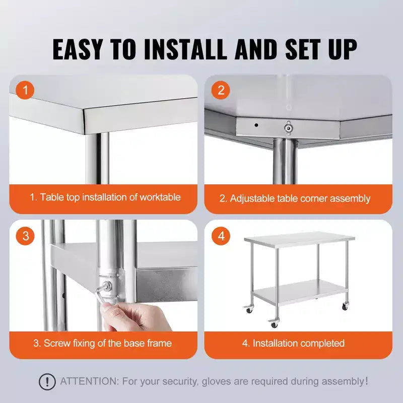 VEVOR Tavolo da Lavoro in Acciaio Inox, 76 x 122 x 96,5 cm, con 4 Ruote, 3 Livelli di Altezza Regolabili, Tavolo da Lavoro Resistente per la Preparazione di Alimenti, Argento