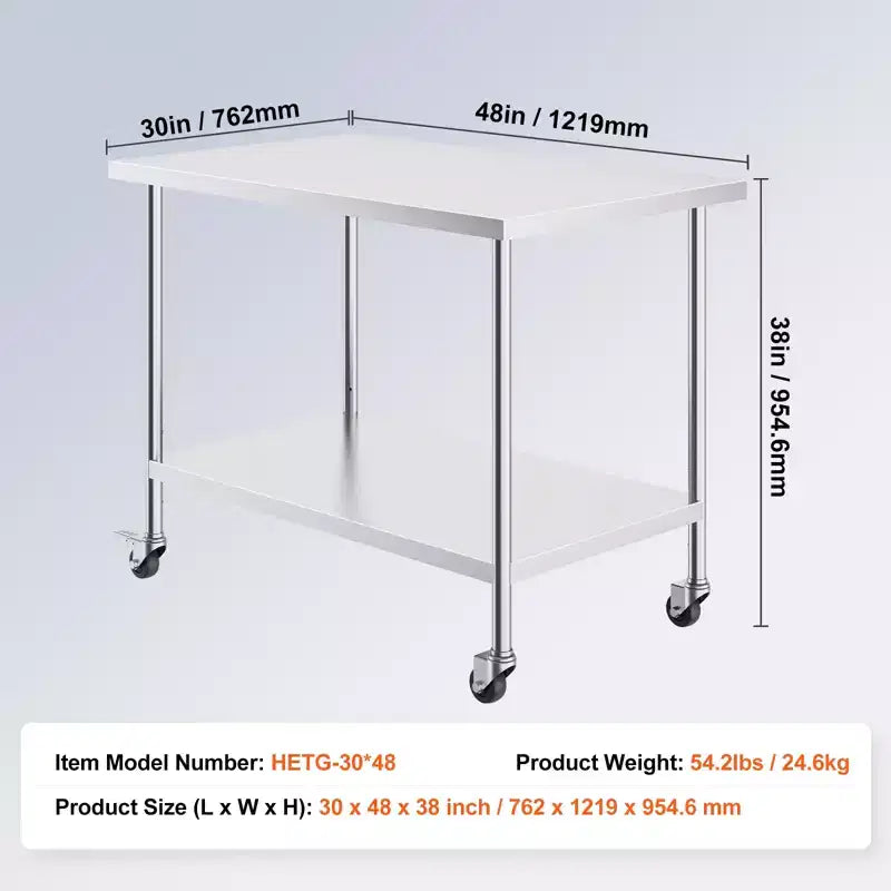 VEVOR Tavolo da Lavoro in Acciaio Inox, 76 x 122 x 96,5 cm, con 4 Ruote, 3 Livelli di Altezza Regolabili, Tavolo da Lavoro Resistente per la Preparazione di Alimenti, Argento