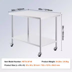 VEVOR Tavolo da Lavoro in Acciaio Inox, 76 x 122 x 96,5 cm, con 4 Ruote, 3 Livelli di Altezza Regolabili, Tavolo da Lavoro Resistente per la Preparazione di Alimenti, Argento