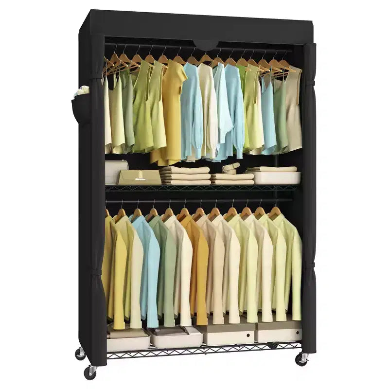 Armadio Portatile Avvolgibile Resistente Nero Inchiostro - Largo 110 cm. Con Ripiani Regolabili in Rete, Barre Appenditutto e Copertura in Tessuto