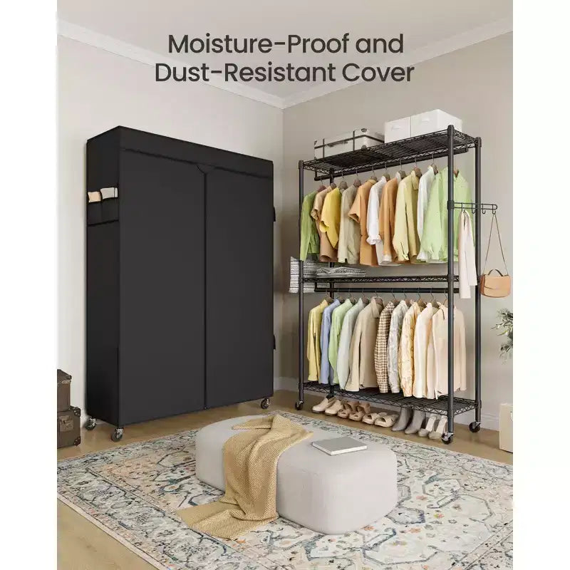 Armadio Portatile Avvolgibile Resistente Nero Inchiostro - Largo 110 cm. Con Ripiani Regolabili in Rete, Barre Appenditutto e Copertura in Tessuto