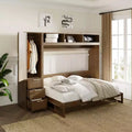 Full Size Murphy Bed Wall Bed Frame, Wooden Storage Cabinet Bed with Wardrobe, Drawers and Open Shelves, Antique Wood -ModernLuxe