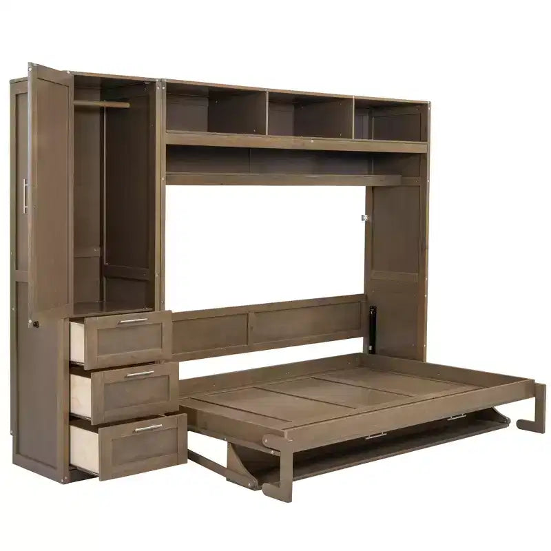Letto a scomparsa matrimoniale a parete con struttura in legno, armadio, cassetti e ripiani aperti, legno antico -ModernLuxe