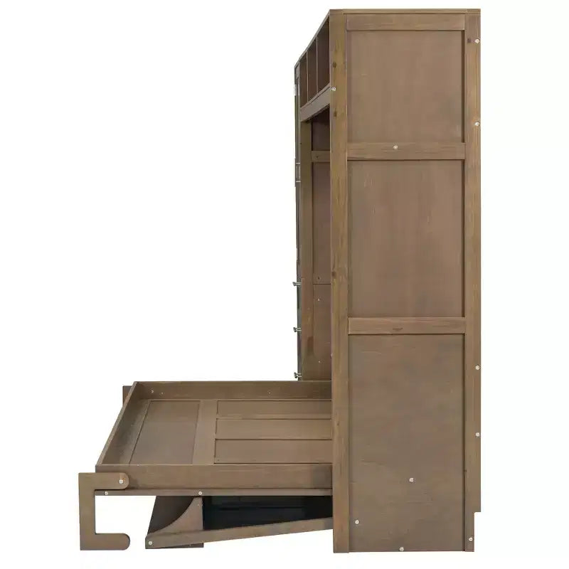 Letto a scomparsa matrimoniale a parete con struttura in legno, armadio, cassetti e ripiani aperti, legno antico -ModernLuxe
