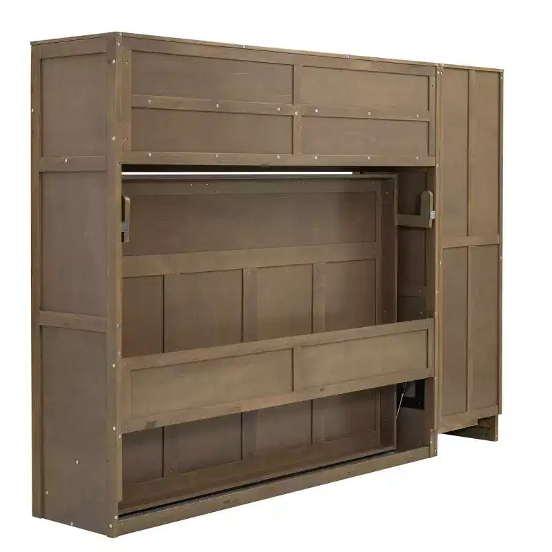 Letto a scomparsa matrimoniale a parete con struttura in legno, armadio, cassetti e ripiani aperti, legno antico -ModernLuxe