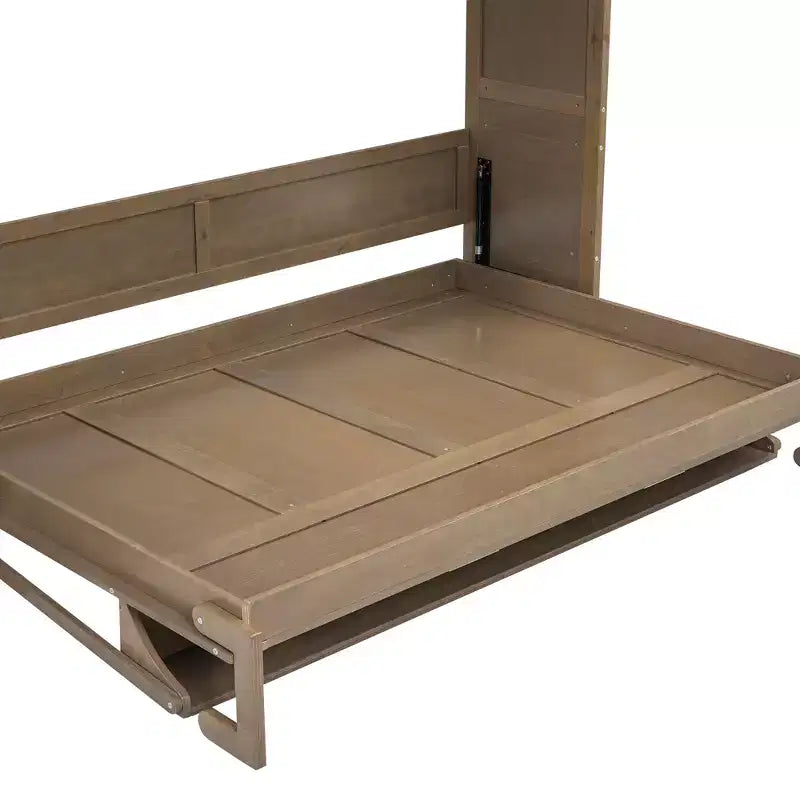 Letto a scomparsa matrimoniale a parete con struttura in legno, armadio, cassetti e ripiani aperti, legno antico -ModernLuxe