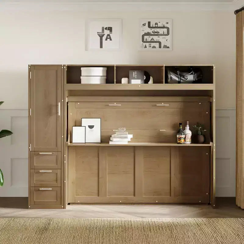 Letto a scomparsa matrimoniale a parete con struttura in legno, armadio, cassetti e ripiani aperti, legno antico -ModernLuxe