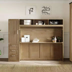 Letto a scomparsa matrimoniale a parete con struttura in legno, armadio, cassetti e ripiani aperti, legno antico -ModernLuxe