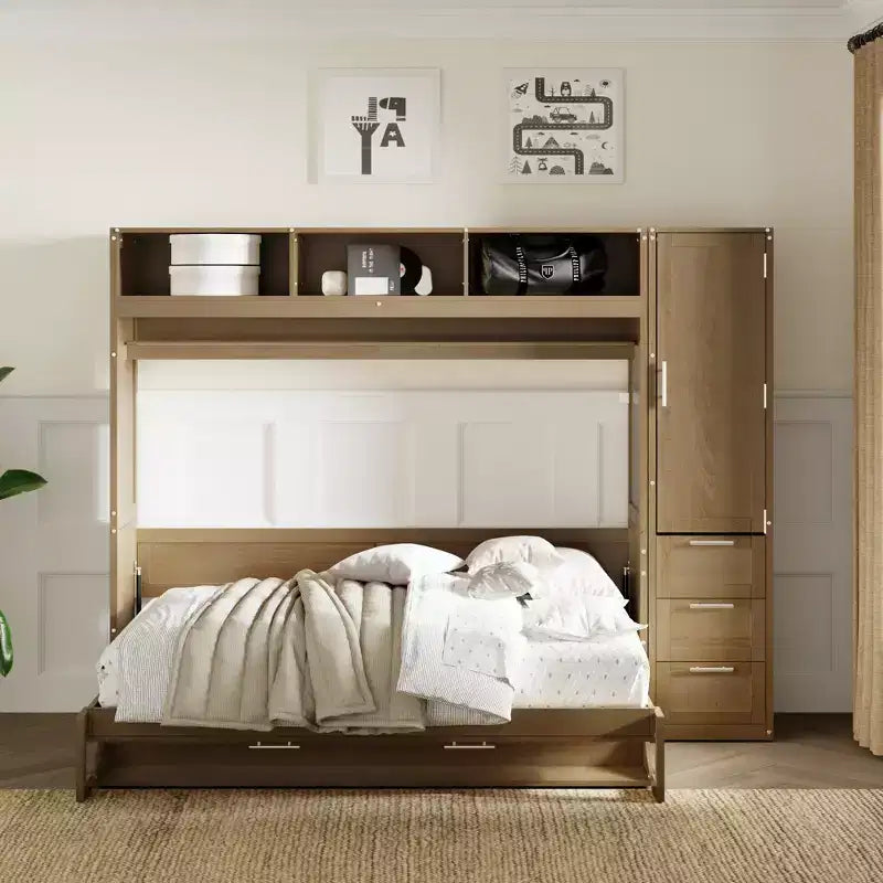Letto a scomparsa matrimoniale a parete con struttura in legno, armadio, cassetti e ripiani aperti, legno antico -ModernLuxe