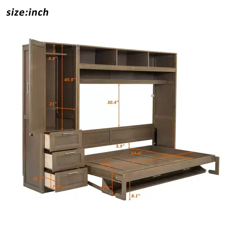 Letto a scomparsa matrimoniale a parete con struttura in legno, armadio, cassetti e ripiani aperti, legno antico -ModernLuxe