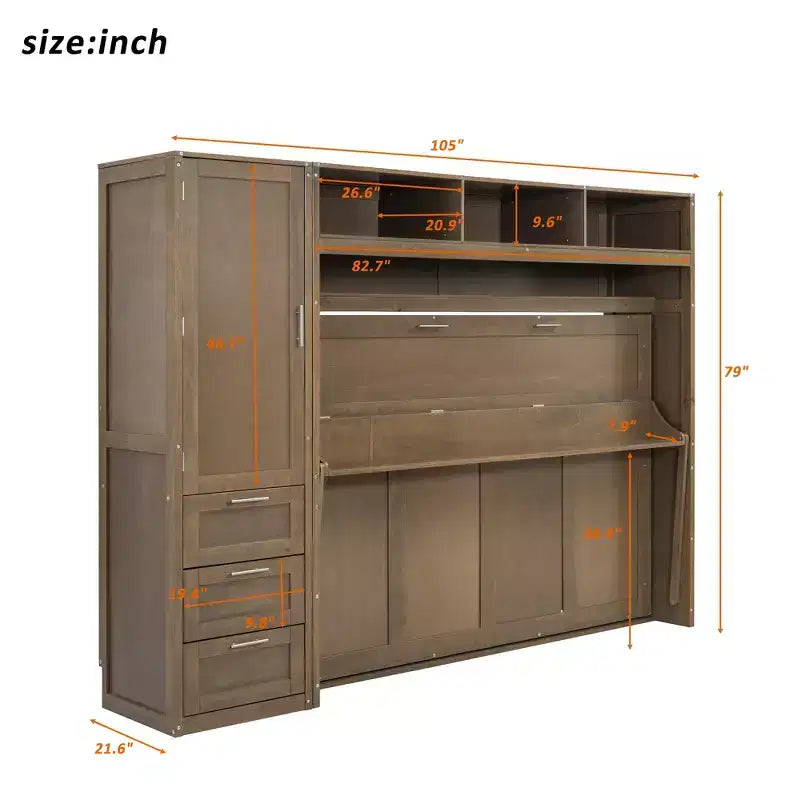Letto a scomparsa matrimoniale a parete con struttura in legno, armadio, cassetti e ripiani aperti, legno antico -ModernLuxe
