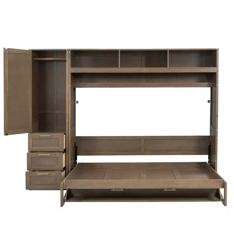 Letto a scomparsa matrimoniale a parete con struttura in legno, armadio, cassetti e ripiani aperti, legno antico -ModernLuxe