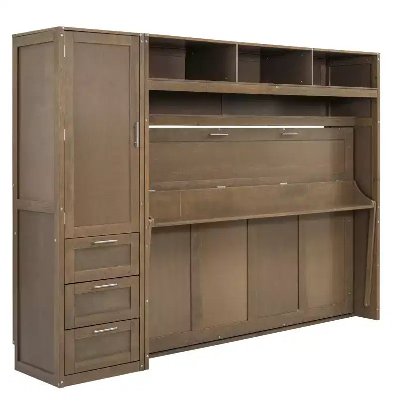 Letto a scomparsa matrimoniale a parete con struttura in legno, armadio, cassetti e ripiani aperti, legno antico -ModernLuxe
