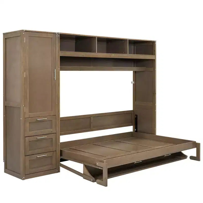 Letto a scomparsa matrimoniale a parete con struttura in legno, armadio, cassetti e ripiani aperti, legno antico -ModernLuxe