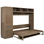 Letto a scomparsa matrimoniale a parete con struttura in legno, armadio, cassetti e ripiani aperti, legno antico -ModernLuxe