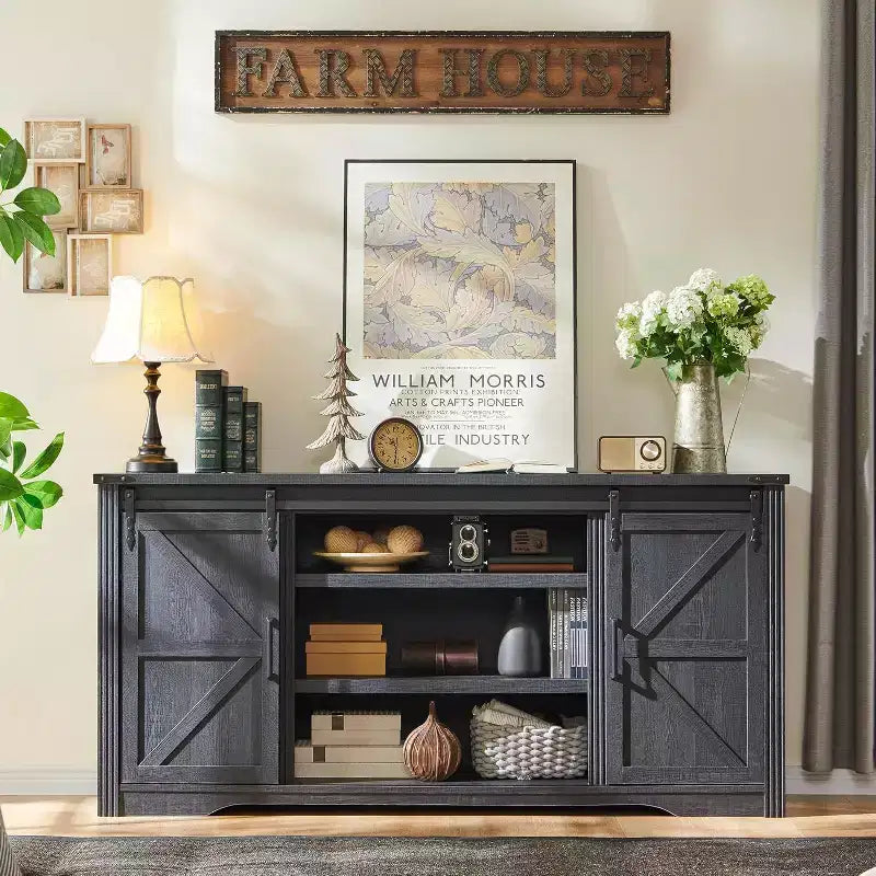 SinCiDo TV Stand for 75 80 Inch TV, Farmhouse Tall Entertainment Center with 4 Drawers & 2 Sliding Barn Door for Living Room