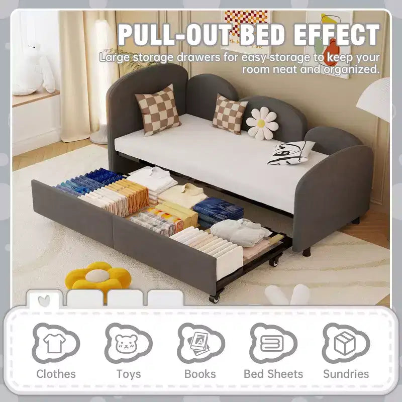 Divano letto singolo versatile con rivestimento in velluto e un'ulteriore struttura letto, perfetto per spazi abitativi moderni