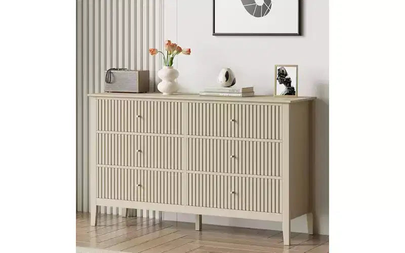 Heynemo Beige 6 Drawer Dresser, Fluted Modern Wood Chest of Drawers, Long Dresser for Bedroom TV Stand Storage Cabinet for Living Room,Beige
