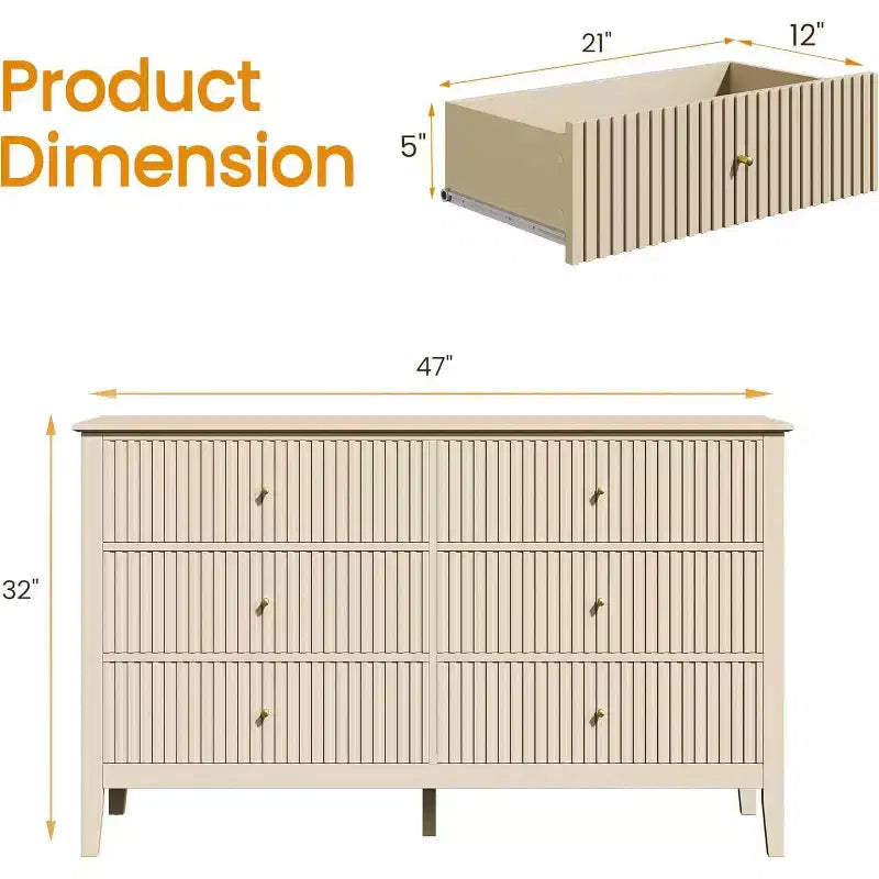 Cassettiera a 6 cassetti Heynemo Beige, comò moderno in legno scanalato, cassettiera lunga per camera da letto, mobile porta TV per soggiorno, beige