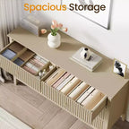Cassettiera a 6 cassetti Heynemo Beige, comò moderno in legno scanalato, cassettiera lunga per camera da letto, mobile porta TV per soggiorno, beige