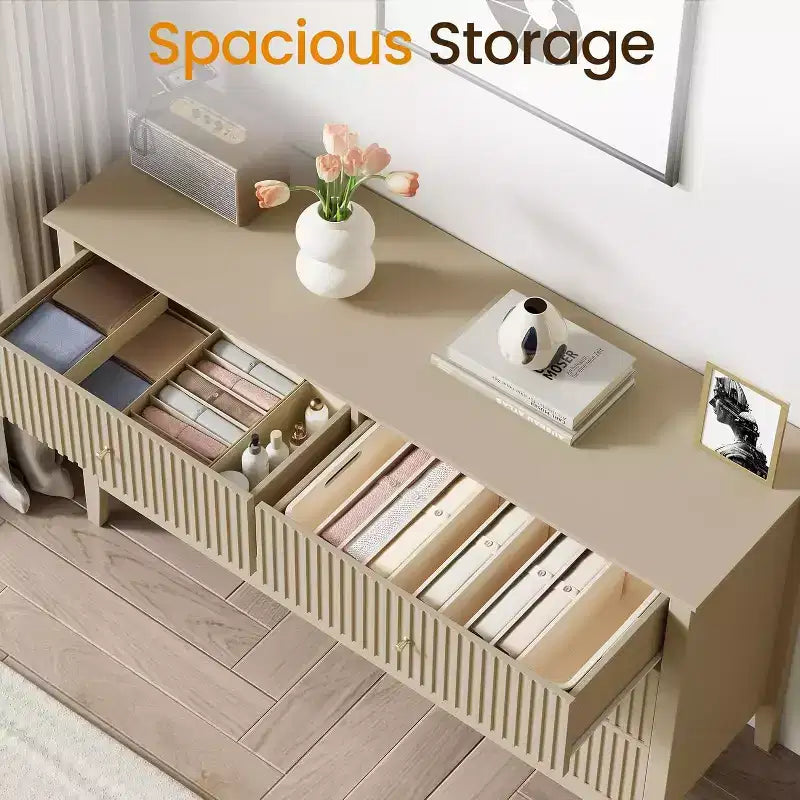 Cassettiera a 6 cassetti Heynemo Beige, comò moderno in legno scanalato, cassettiera lunga per camera da letto, mobile porta TV per soggiorno, beige