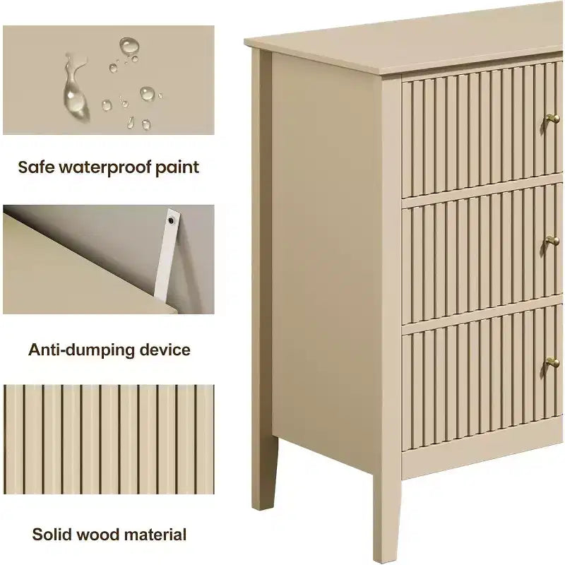 Cassettiera a 6 cassetti Heynemo Beige, comò moderno in legno scanalato, cassettiera lunga per camera da letto, mobile porta TV per soggiorno, beige
