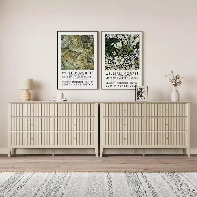 Cassettiera a 6 cassetti Heynemo Beige, comò moderno in legno scanalato, cassettiera lunga per camera da letto, mobile porta TV per soggiorno, beige