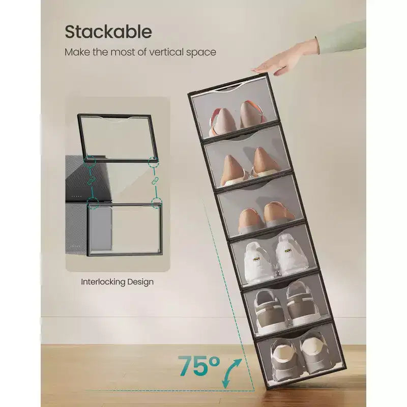 Set di 12 Scatole Porta Scarpe in Plastica Impilabili con Ante. Facile da Montare. 23,1x33,3x14,2 cm. Adatte per Scarpe fino al Numero 47 EU