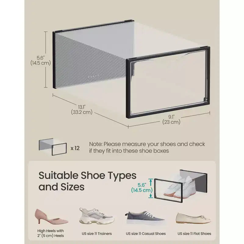 Set di 12 Scatole Porta Scarpe in Plastica Impilabili con Ante. Facile da Montare. 23,1x33,3x14,2 cm. Adatte per Scarpe fino al Numero 47 EU