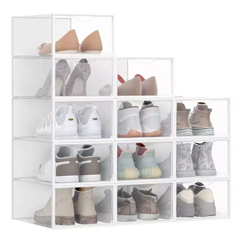 Set di 12 Scatole Porta Scarpe in Plastica Impilabili con Ante. Facile da Montare. 23,1x33,3x14,2 cm. Adatte per Scarpe fino al Numero 47 EU