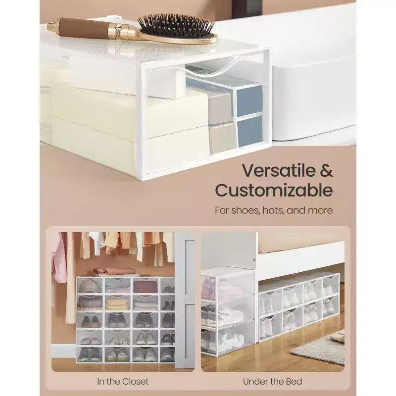 Set di 12 Scatole Porta Scarpe in Plastica Impilabili con Ante. Facile da Montare. 23,1x33,3x14,2 cm. Adatte per Scarpe fino al Numero 47 EU