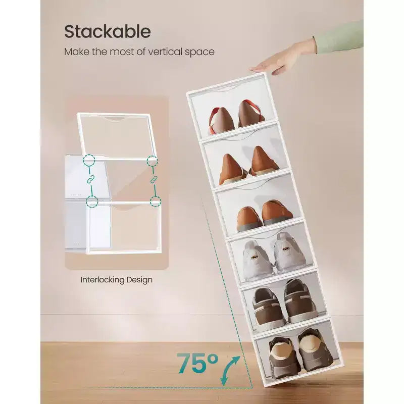 Set di 12 Scatole Porta Scarpe in Plastica Impilabili con Ante. Facile da Montare. 23,1x33,3x14,2 cm. Adatte per Scarpe fino al Numero 47 EU