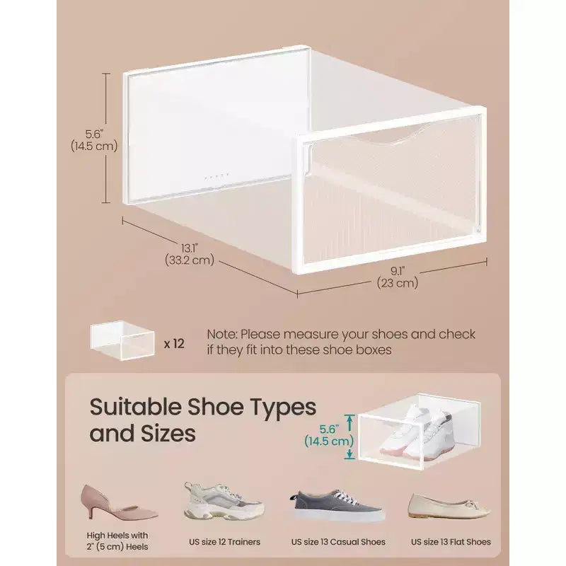 Set di 12 Scatole Porta Scarpe in Plastica Impilabili con Ante. Facile da Montare. 23,1x33,3x14,2 cm. Adatte per Scarpe fino al Numero 47 EU