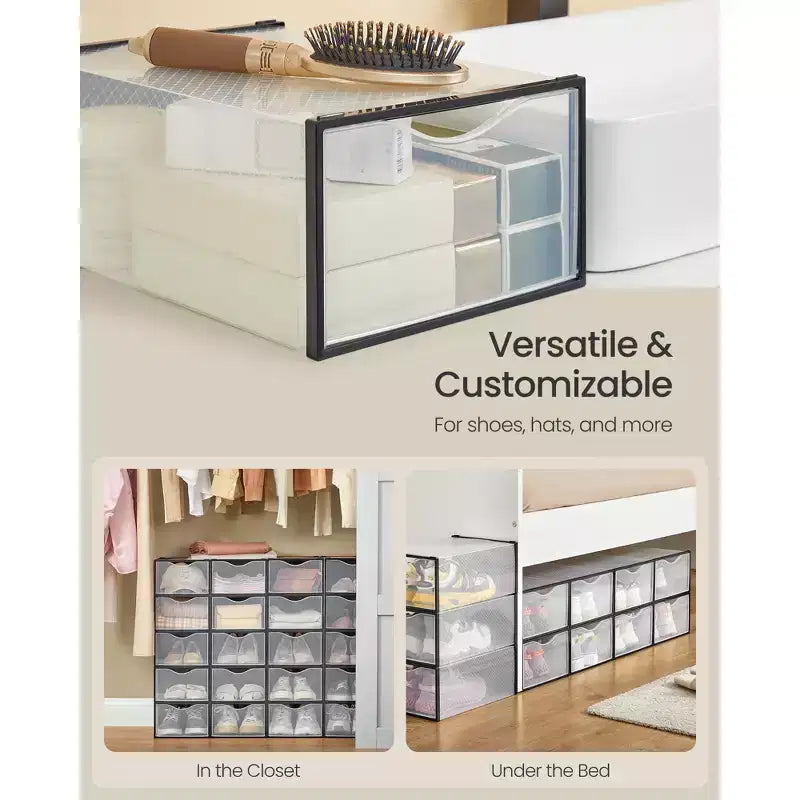 Set di 12 Scatole Porta Scarpe in Plastica Impilabili con Ante. Facile da Montare. 23,1x33,3x14,2 cm. Adatte per Scarpe fino al Numero 47 EU