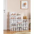 Set of 12 Stackable Plastic Shoe Boxes with Doors. Easy Assembly. 9.1x13.1x5.6 Inches. Fits Shoes up to US Size 13