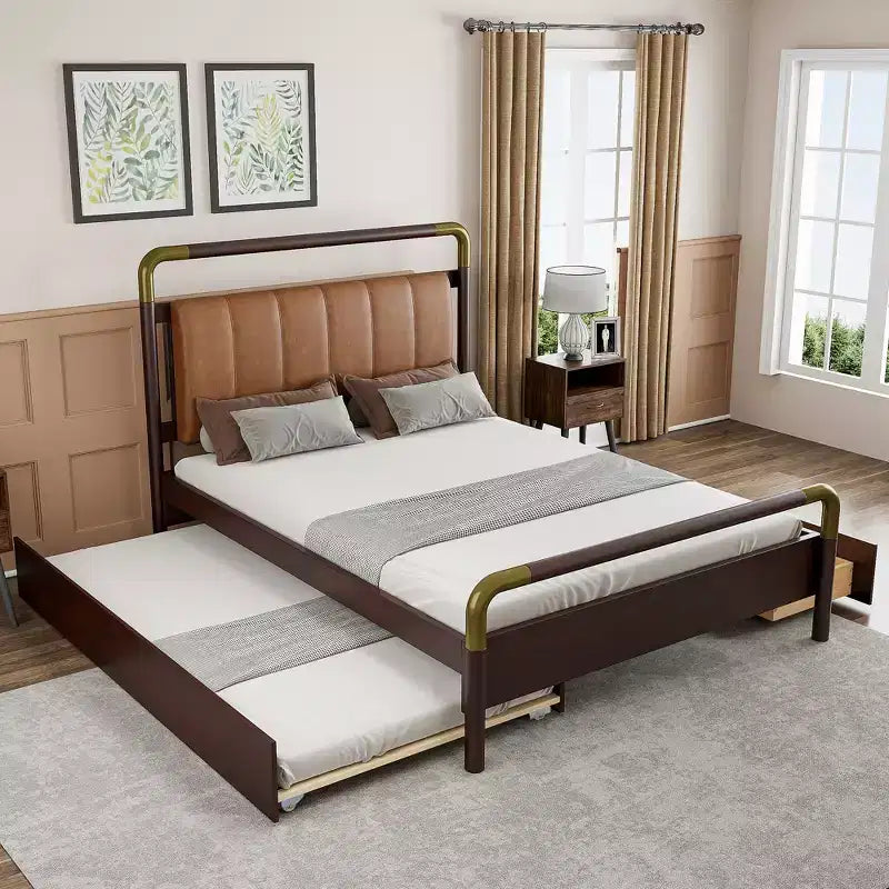 GDFStudio Noah Queen Size Upholstered Faux Leather and Wooden Platform Bed with Drawers and T-XL Trundle