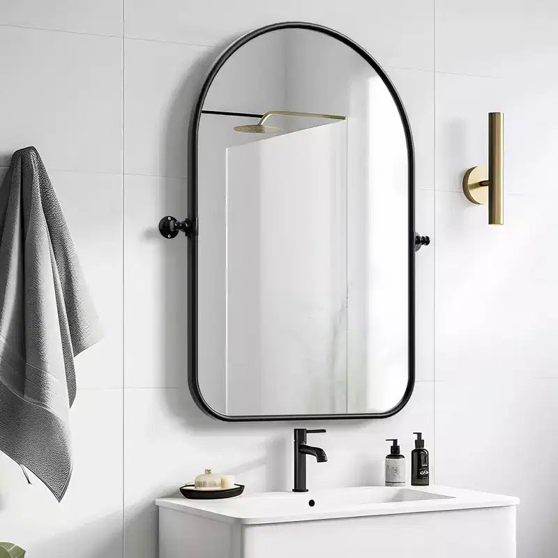 Specchio da parete per bagno con cornice in ferro nero a forma di arco, orientabile, 81 x 58 cm