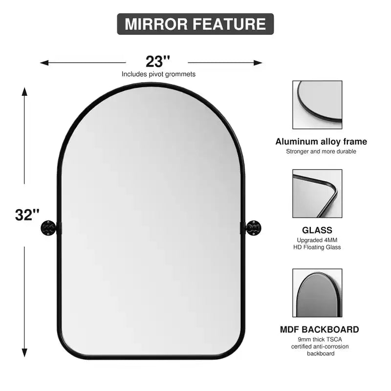 Specchio da parete per bagno con cornice in ferro nero a forma di arco, orientabile, 81 x 58 cm