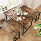 Set tavolo da pranzo per 4, tavolo da cucina con 2 panche in metallo e legno, set tavolo da pranzo rettangolare per spazi piccoli, appartamenti, monolocali