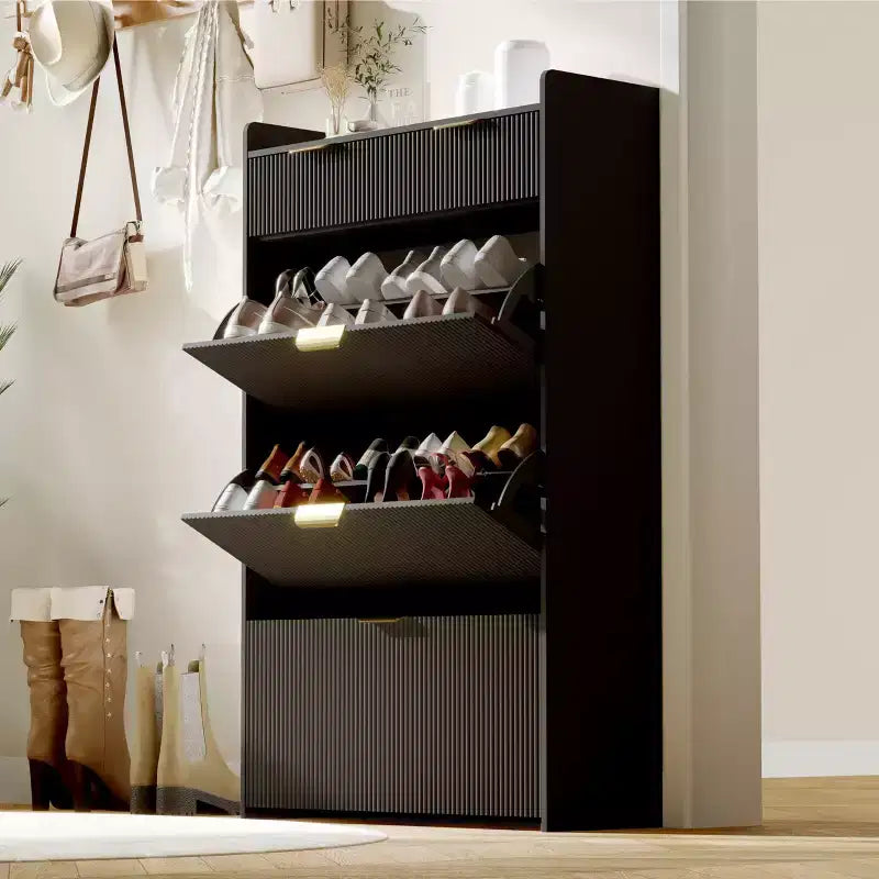 Modern Shoe Cabinet with 3 Flip Drawers & 2 Small Drawers & Hook, Slim Fluted Shoe Storage Organizer, Narrow Entryway Cabinet
