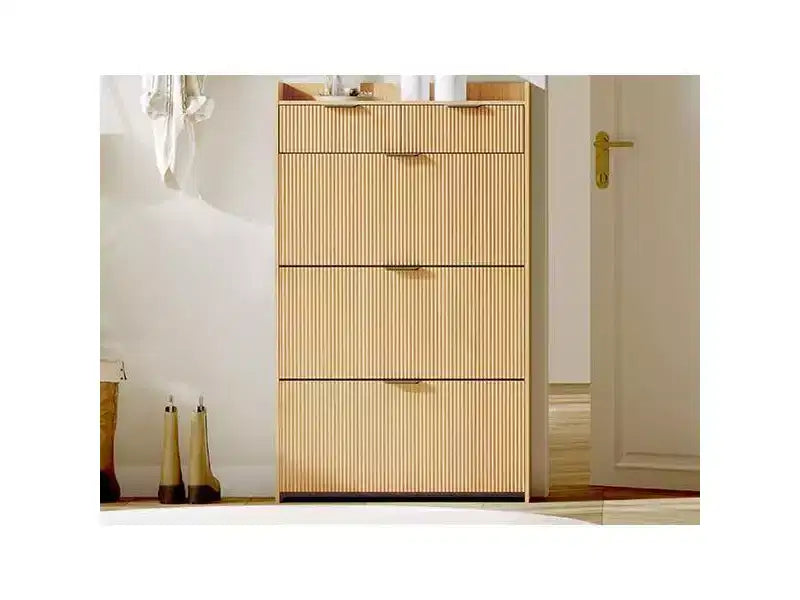 Scarpiera moderna con 3 ante a ribalta e 2 cassetti piccoli e gancio, organizer slim scanalato per scarpe, mobiletto stretto per ingresso