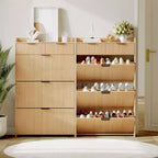 Scarpiera moderna con 3 ante a ribalta e 2 cassetti piccoli e gancio, organizer slim scanalato per scarpe, mobiletto stretto per ingresso